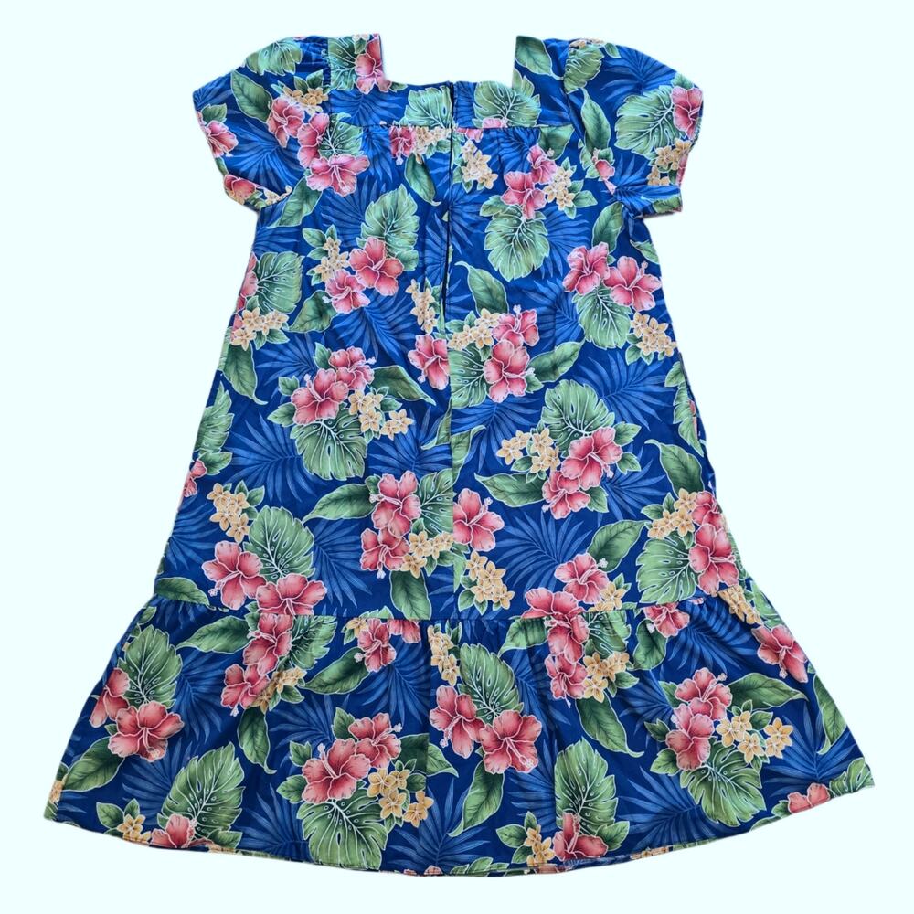 Hilo Hattie Hawaiian Muumuu Dress Blue Floral Hibiscus Cotton XL Petal Sleeve - Picture 8 of 9